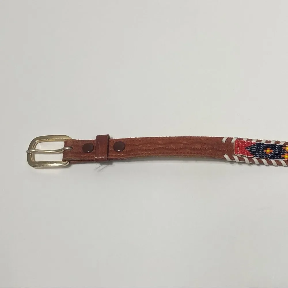 Vintage Genuine Cowhide Hand Beaded & Laced Aztec Tooled Leather Belt Size 24